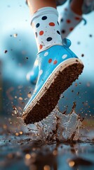 Child's muddy boots splashing puddle, outdoor fun