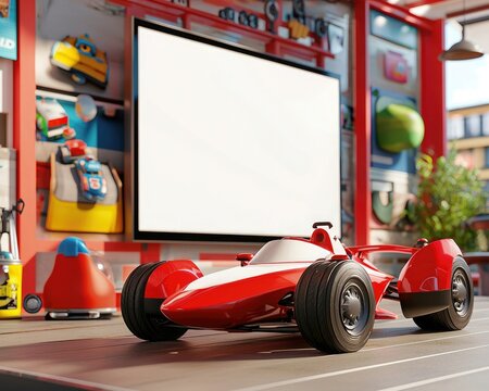 A vibrant red race car model displayed in a playful workshop, surrounded by colorful toys and a blank screen.