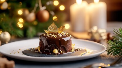 Chocolate dessert, Christmas lights, festive background
