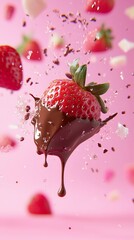 Chocolate-dipped strawberry, pink background, food photography, dessert