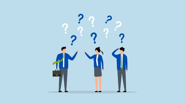 Confused people with confusion problem, 4k animation of businessman and businesswoman with numerous perplexed question marks