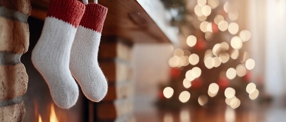 Christmas stockings hang by fireplace, blurred tree. Holiday home decor