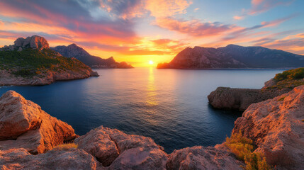 Fototapeta premium stunning sunrise over sea, illuminating rocky cliffs and calm waters, creating serene and picturesque landscape