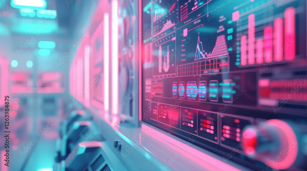Poster a glowing futuristic control panel displaying digital graphs, charts, and data in a high-tech settin