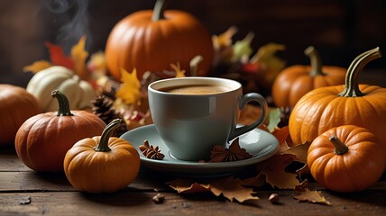 steaming cup of coffee on a wooden table, surrounded by pumpkins and fallen leaves, capturing the essence of fall
