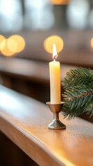 Church candle, Christmas eve, soft light, pews