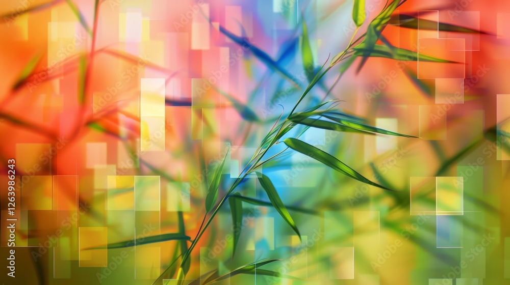 Poster a vibrant abstract composition featuring delicate bamboo leaves against a multicolored background wi