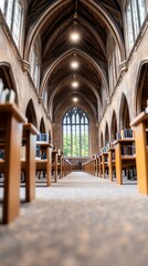 Church library interior, high ceiling, tranquil