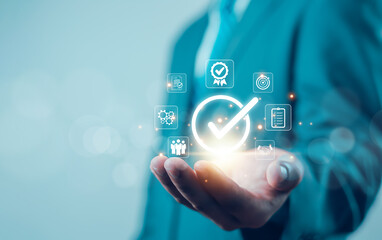 Hand shows sign of top service Quality assurance, Guarantee, Standards, ISO certification and...