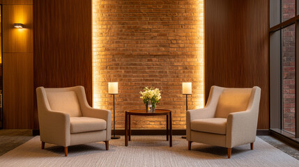 Cozy plush armchairs in warm interview studio with soft lighting, wooden table, and fresh flowers create inviting atmosphere for conversation
