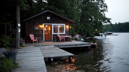 Obraz premium Lakeside Cabin at Dusk