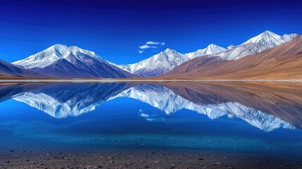 Stunning reflection of snow-capped mountains in a serene lake under a clear blue sky