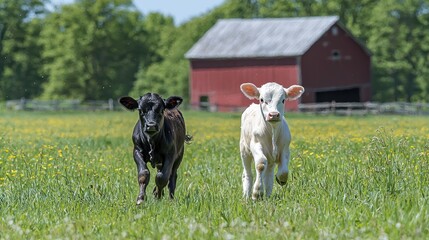 Fototapeta premium Two Calves Running Through A Spring Pasture