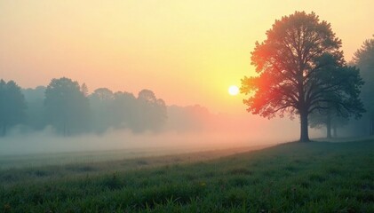 Fototapeta premium Gentle foggy morning landscape with blurred trees and soft warm light, calm atmosphere, morning, serene nature