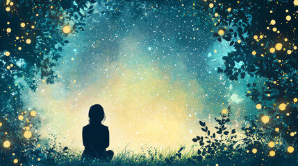 Fototapeta premium young woman silhouette stargazing in serene, magical landscape filled with soft lights and lush foliage. scene evokes sense of wonder and tranquility