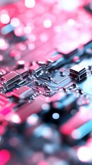 Circuit board close-up, tech detail, pink-blue light