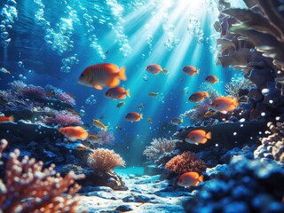 Obraz premium Underwater Scene with Colorful Fish and Coral Reef
