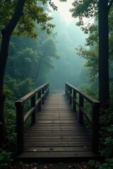 Fototapeta premium Vintage-style wooden bridge over misty forest, landscape, bridge, forest