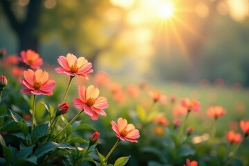 Gentle Morning Light Illuminates a Blurred Floral Landscape, misty, flowers, greenery
