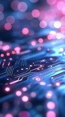 Circuit board, glowing pink, blue bokeh, technology background