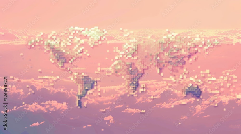 Poster a soft-toned, pixelated world map floats above the clouds, symbolizing digital globalization, techno