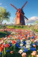 Vintage wooden windmill with beautiful colorful wild flowers in Spring.