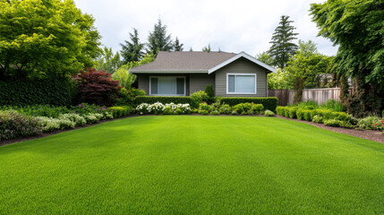 well maintained house with lush green lawn and vibrant garden, surrounded by trees and shrubs, creating serene outdoor space