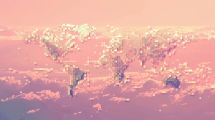 Fototapeta premium A soft-toned, pixelated world map floats above the clouds, symbolizing digital globalization, technology, and interconnected networks in a virtual space. AI generated.