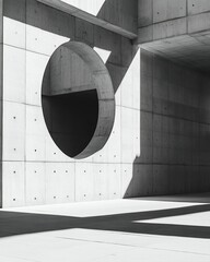 Circular opening, concrete building, sunlight shadows, architectural design, modern building interior