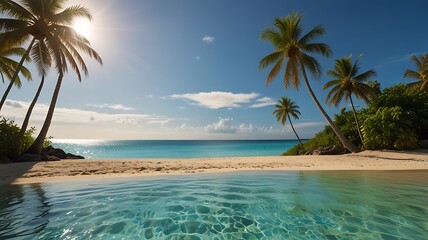 Obraz premium summer season, tropical beach scene with golden sand, crystal clear turquoise waters, and palm trees swaying under the summer sun