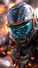 Futuristic soldier helmet, battle, fire, digital display, sci-fi game
