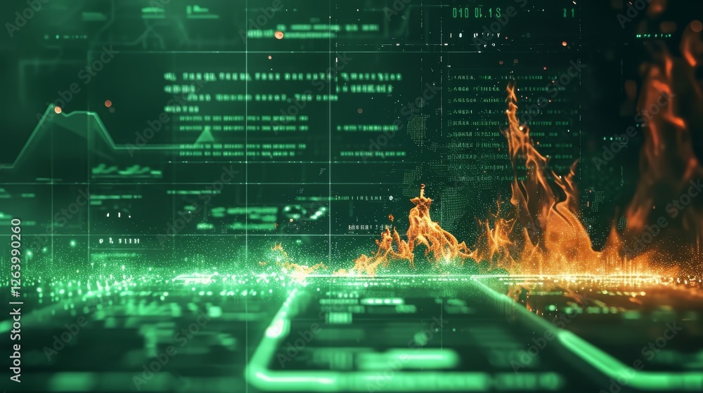 Poster flames igniting across a futuristic digital network, blending fire with cyber elements. the green-li
