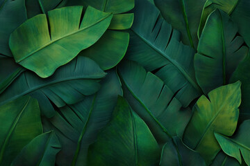 Vibrant green banana leaves create lush, tropical backdrop, showcasing their rich textures and varying shades of green. This evokes sense of nature beauty and tranquility