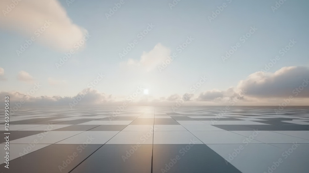 Poster celestial body casting light on an infinite grid under a clear sky with cloudy elements