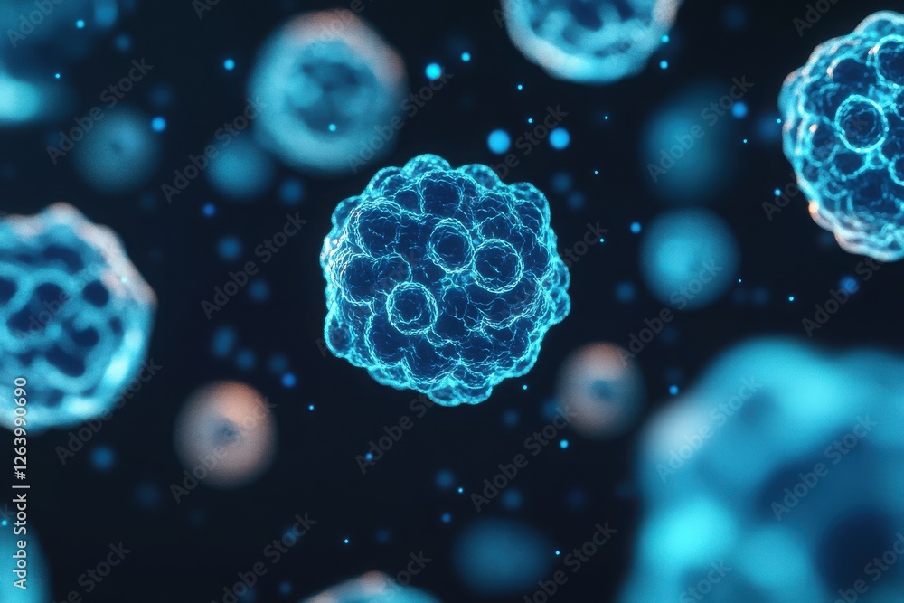 Poster close-up view of microscopic cells in vivid blue tones, showcasing intricate details and biological 