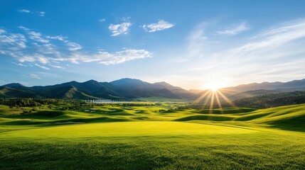 Fototapeta premium Expansive green energy park with rows of wind turbines and solar panels set against a majestic mountain landscape at the golden hour of sunrise