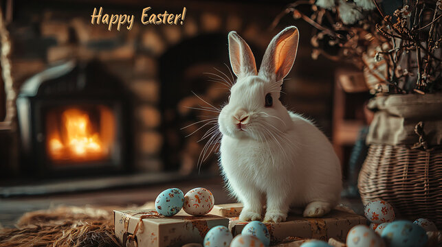 Horizontal photo of a cute Bunny with pastel-colored easter eggs. 2025 Happy Easter card.