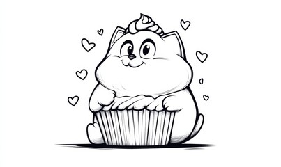 Chubby kitten with huge eyes near cupcake with sprinkles and decorative hearts and stars.