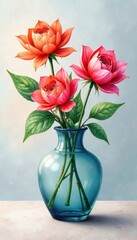 Watercolor Blooms in Vase, delicate petals, floral arrangements, soft focus