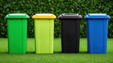 Four waste containers in green, yellow, black, and blue colors are lined up on grassy surface, promoting recycling and waste management