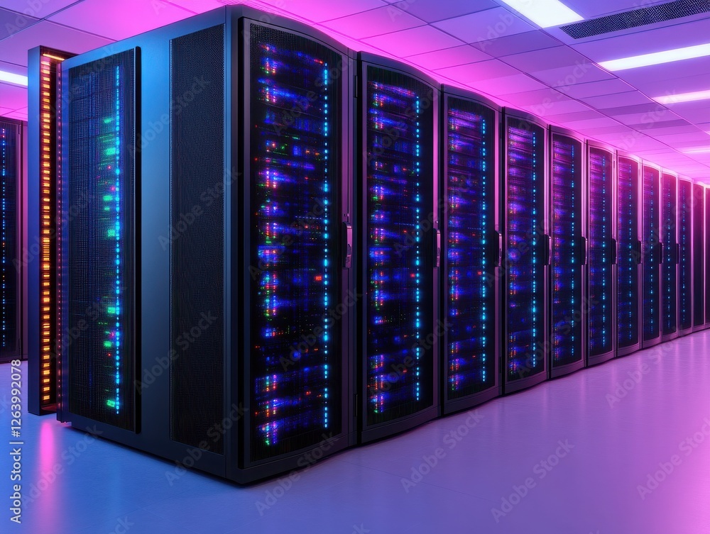 Poster futuristic data center with rows of servers glowing in vibrant colors, showcasing advanced technolog