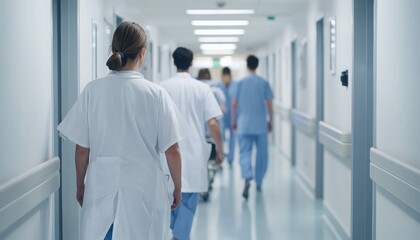 Obraz premium Medical professionals walking through a hospital corridor, showcasing teamwork and dedication in a healthcare environment.