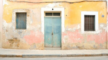 Weathered building facade with teal door and windows
