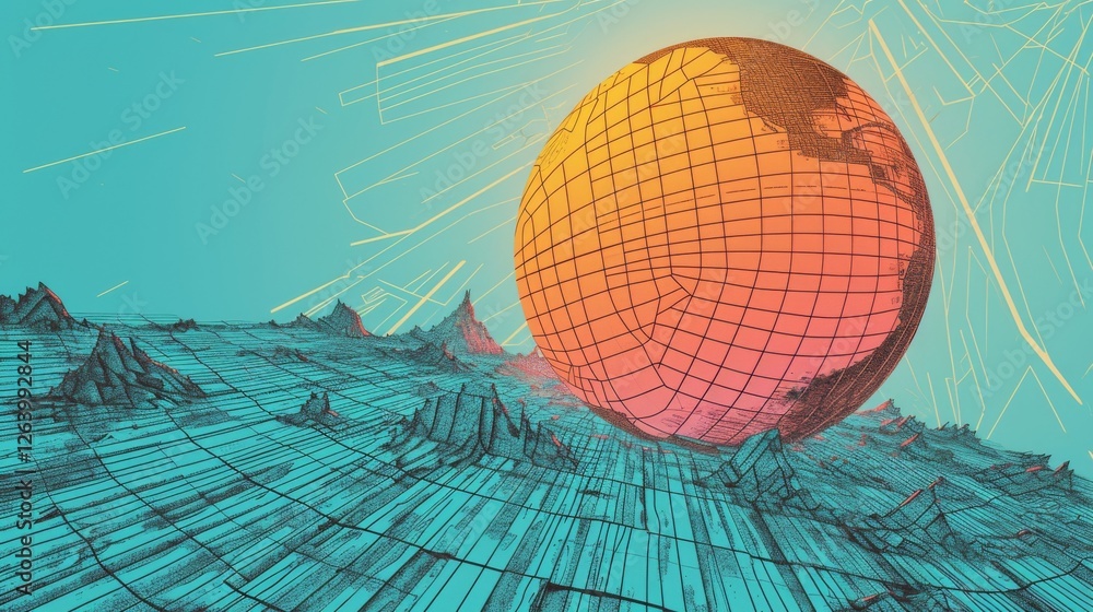 Poster a surreal visualization of earth in a wireframe form, glowing in a futuristic digital environment. t