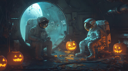 Fototapeta premium Spectral astronauts explore an alien-themed haunted space station with eerie jack-o'-lanterns. Spectral Astronauts. Illustration