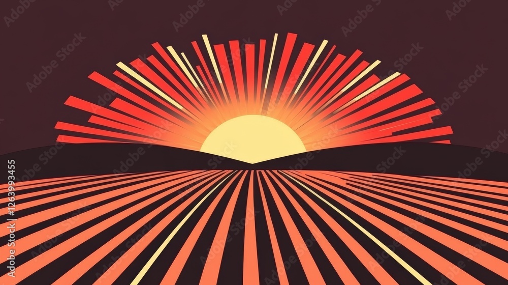 Aufkleber radiant cosmic streams in dynamic composition with sun setting over hills and striking patterns