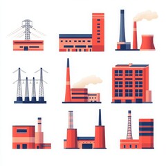 Obraz premium Set of colorful industrial factory illustrations showcasing various structures and power plants with smokestacks.