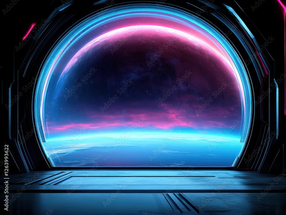 Poster futuristic spaceship window showing an alien planet