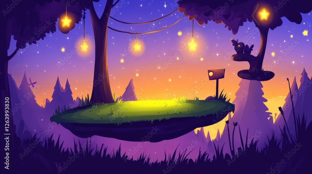 Poster floating island illuminated by celestial light in a starry night sky with mystical trees and soft gl