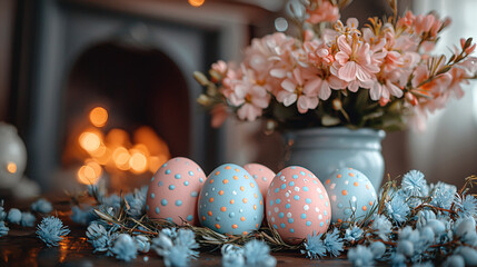 Obraz premium Fairy Tale 2025 Easter Scene – Vibrant Eggs, Fireplace, and Spring Flowers